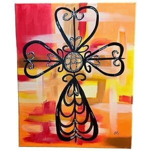Canvas Cross Heart Design Hanging Wall Decoration Size 16” W x 20” H‎ Orange Red